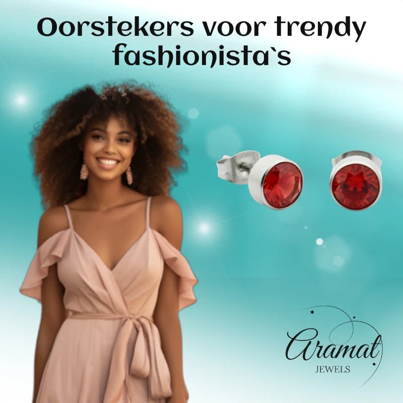 Oorstekers – Staal Kristal Rood Zilverkleur (7mm) - Aramat Jewels - Oorbellen - cadeautip