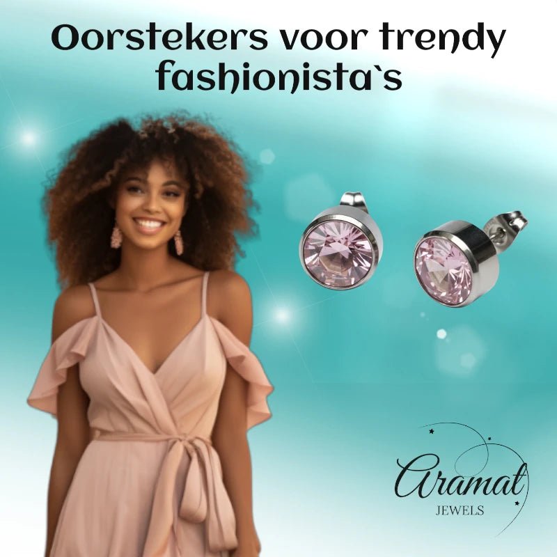 Oorstekers – Staal Kristal Roze Zilverkleur (10mm) - Aramat Jewels - Oorbellen - cadeautip