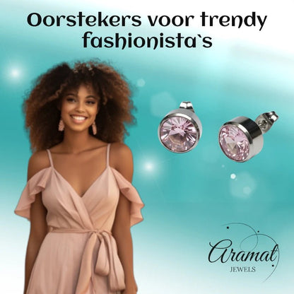 Oorstekers – Staal Kristal Roze Zilverkleur (10mm) - Aramat Jewels - Oorbellen - cadeautip