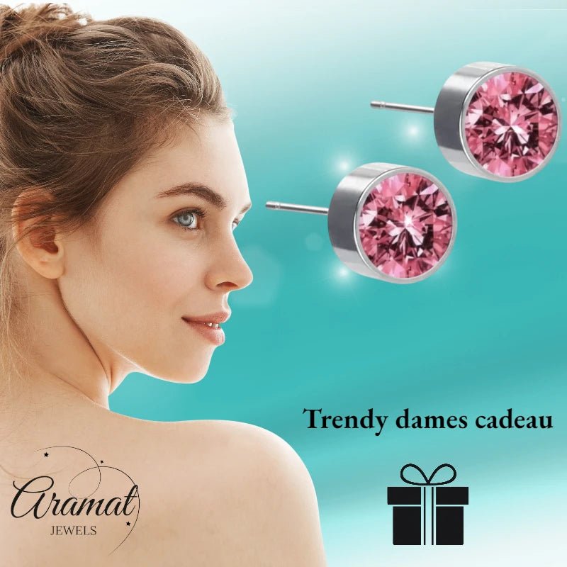 Oorstekers – Staal Kristal Roze Zilverkleur (6mm) - Aramat Jewels - Oorbellen - cadeautip