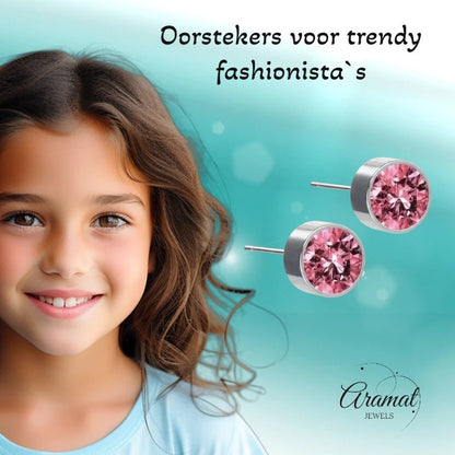 Oorstekers – Staal Kristal Roze Zilverkleur (6mm) - Aramat Jewels - Oorbellen - cadeautip