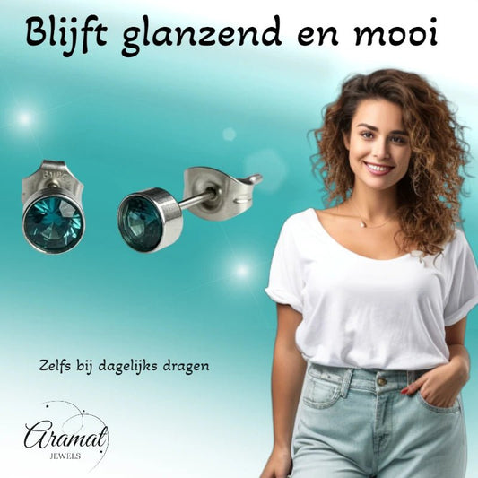 Oorstekers – Staal Kristal Zeeblauw Zilverkleur (5mm) - Aramat Jewels - Oorbellen - cadeautip