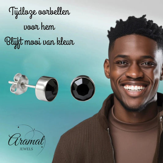 Oorstekers – Staal Kristal Zwart Zilverkleur (8mm) - Aramat Jewels - Oorbellen - cadeautip