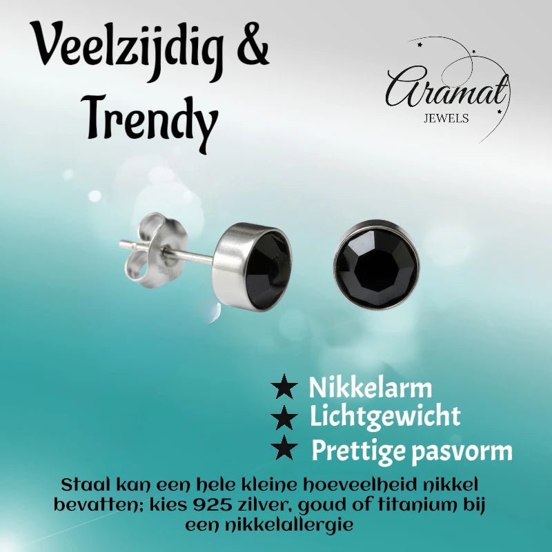 Oorstekers – Staal Kristal Zwart Zilverkleur (8mm) - Aramat Jewels - Oorbellen - cadeautip