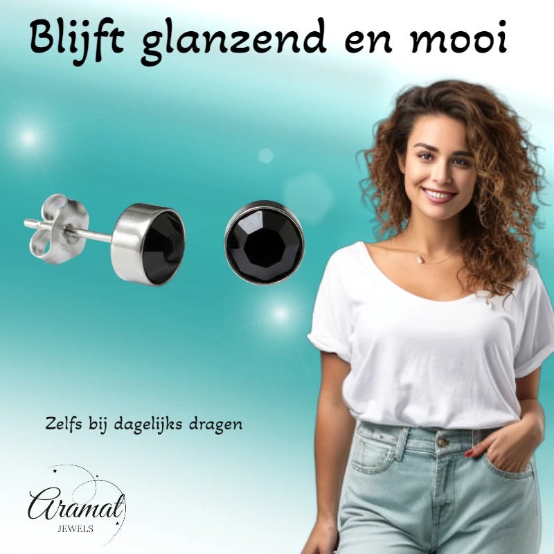 Oorstekers – Staal Kristal Zwart Zilverkleur (8mm) - Aramat Jewels - Oorbellen - cadeautip