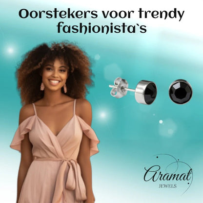 Oorstekers – Staal Kristal Zwart Zilverkleur (8mm) - Aramat Jewels - Oorbellen - cadeautip