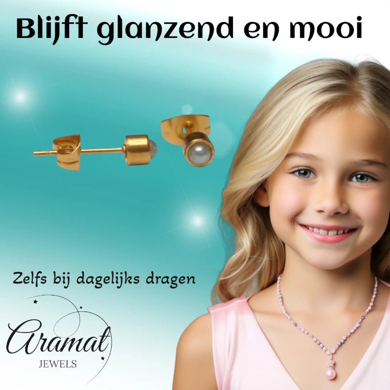 Oorstekers – Staal Parel Lichtgroen Goudkleurig (4mm) - Aramat Jewels - Oorbellen - cadeautip