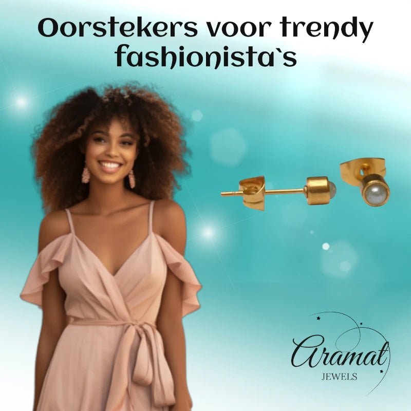 Oorstekers – Staal Parel Lichtgroen Goudkleurig (4mm) - Aramat Jewels - Oorbellen - cadeautip