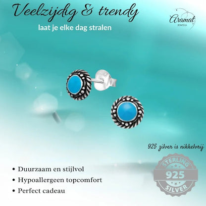 Oorstekers – Sterling Zilver Bali Etnisch Blauw Emaille 6mm Rond Geoxideerd - Aramat Jewels - Oorbellen - cadeautip
