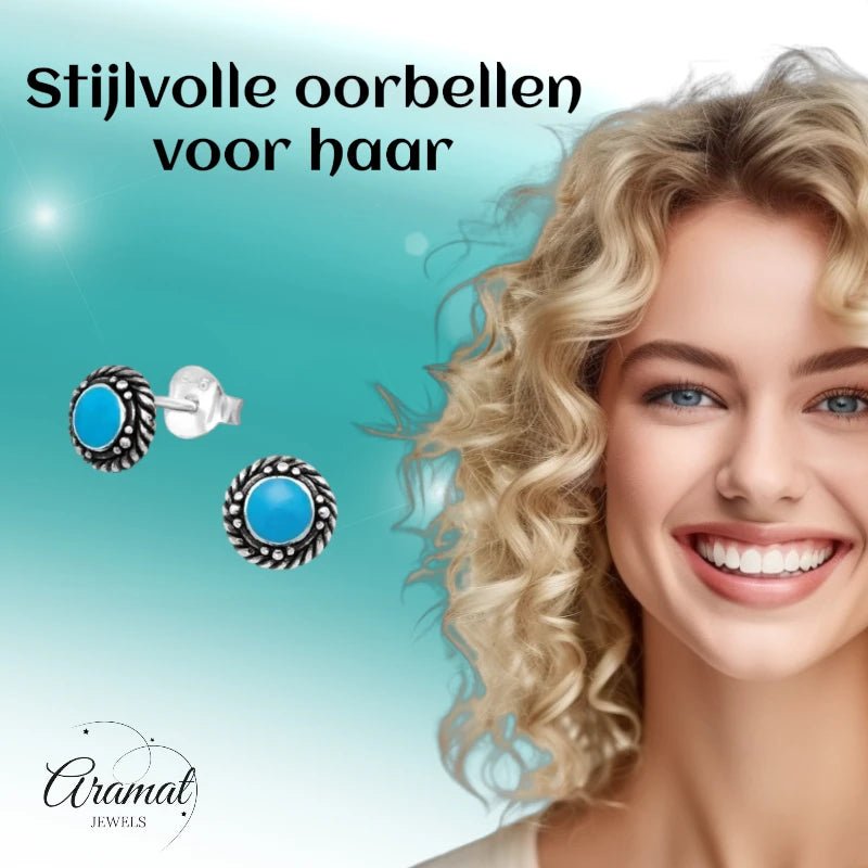 Oorstekers – Sterling Zilver Bali Etnisch Blauw Emaille 6mm Rond Geoxideerd - Aramat Jewels - Oorbellen - cadeautip