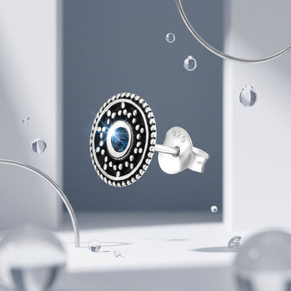 Oorstekers – Sterling Zilver Bali Etnisch Donker Blauw Kristal 9mm Rond Geoxideerd - Aramat Jewels - Oorbellen - cadeautip