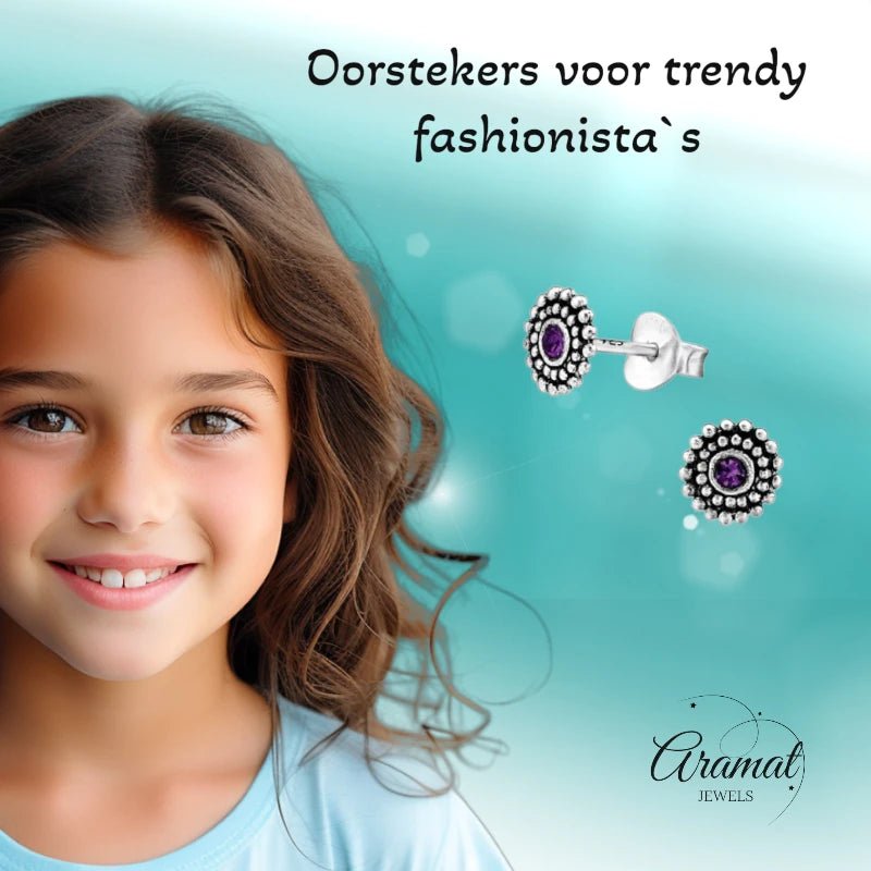 Oorstekers – Sterling Zilver Bali Etnisch Paars Kristal 6mm Dames - Aramat Jewels - Oorbellen - cadeautip