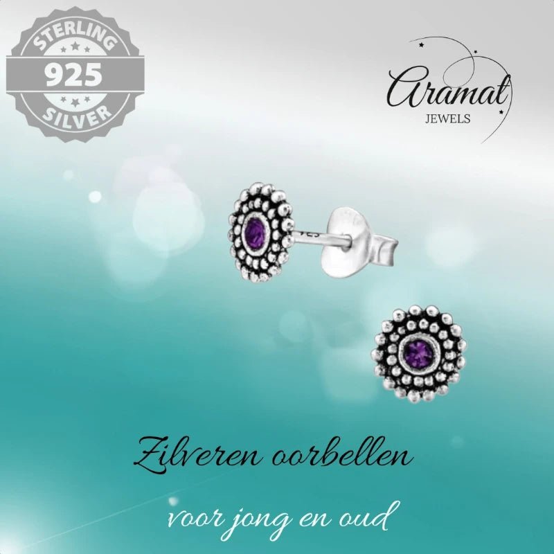 Oorstekers – Sterling Zilver Bali Etnisch Paars Kristal 6mm Dames - Aramat Jewels - Oorbellen - cadeautip