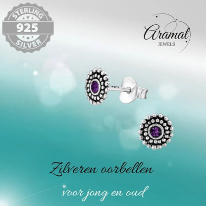 Oorstekers – Sterling Zilver Bali Etnisch Paars Kristal 6mm Dames - Aramat Jewels - Oorbellen - cadeautip