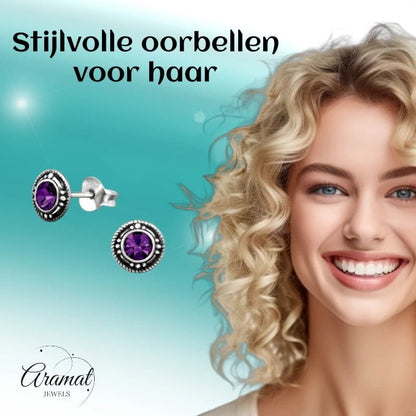 Oorstekers – Sterling Zilver Bali Etnisch Paars Kristal 7mm Dames - Aramat Jewels - Oorbellen - cadeautip