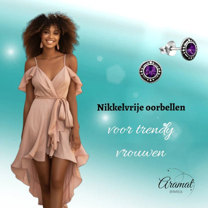 Oorstekers – Sterling Zilver Bali Etnisch Paars Kristal 7mm Dames - Aramat Jewels - Oorbellen - cadeautip