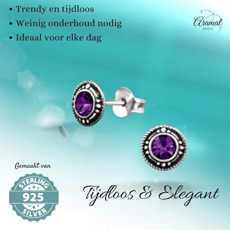Oorstekers – Sterling Zilver Bali Etnisch Paars Kristal 7mm Dames - Aramat Jewels - Oorbellen - cadeautip