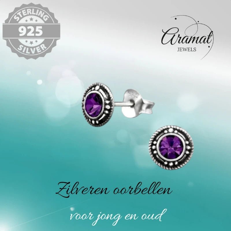 Oorstekers – Sterling Zilver Bali Etnisch Paars Kristal 7mm Dames - Aramat Jewels - Oorbellen - cadeautip