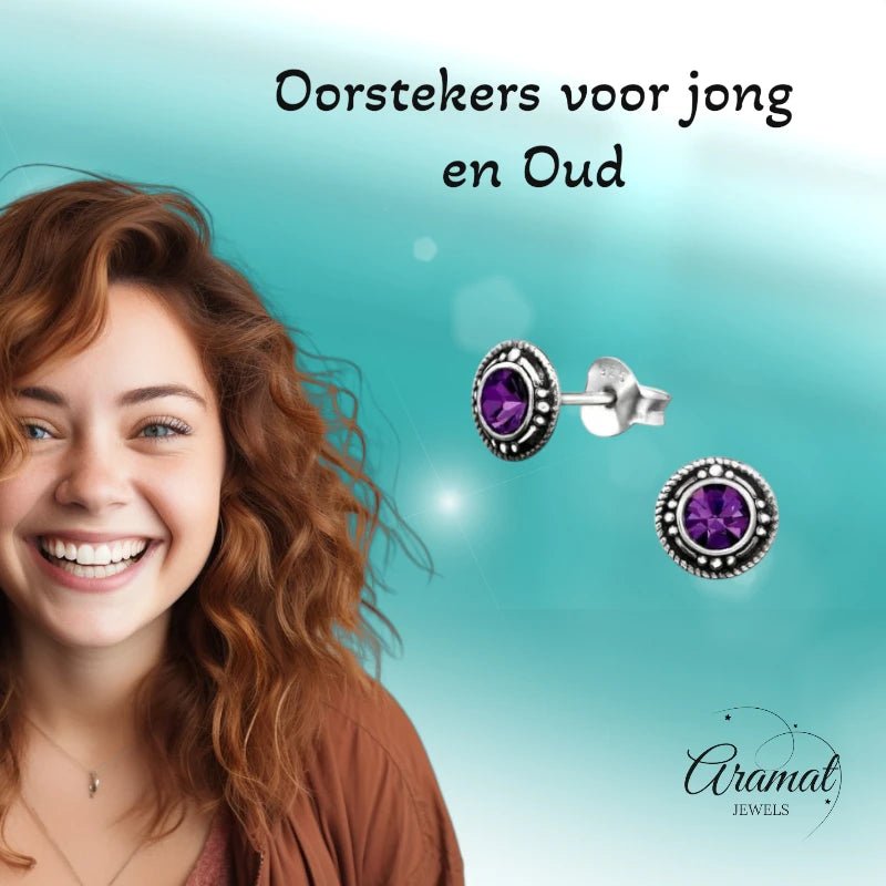 Oorstekers – Sterling Zilver Bali Etnisch Paars Kristal 7mm Dames - Aramat Jewels - Oorbellen - cadeautip