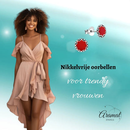 Oorstekers – Sterling Zilver Bali Etnisch Rood Emaille 6mm Rond Geoxideerd - Aramat Jewels - Oorbellen - cadeautip