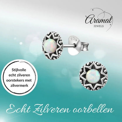 Oorstekers – Sterling Zilver Bali Etnisch Wit Opaal 6mm Rond Geoxideerd - Aramat Jewels - Oorbellen - cadeautip