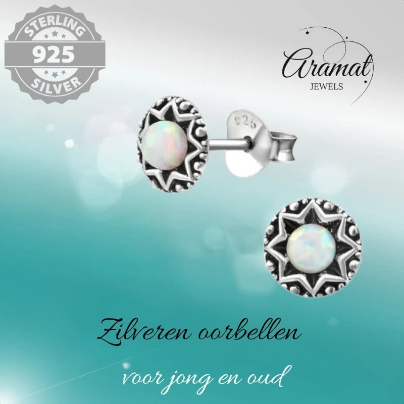 Oorstekers – Sterling Zilver Bali Etnisch Wit Opaal 6mm Rond Geoxideerd - Aramat Jewels - Oorbellen - cadeautip