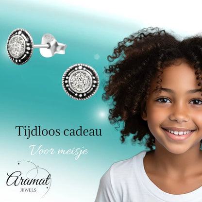 Oorstekers – Sterling Zilver Bali Etnisch Witte Glitter 7mm Rond Geoxideerd - Aramat Jewels - Oorbellen - cadeautip