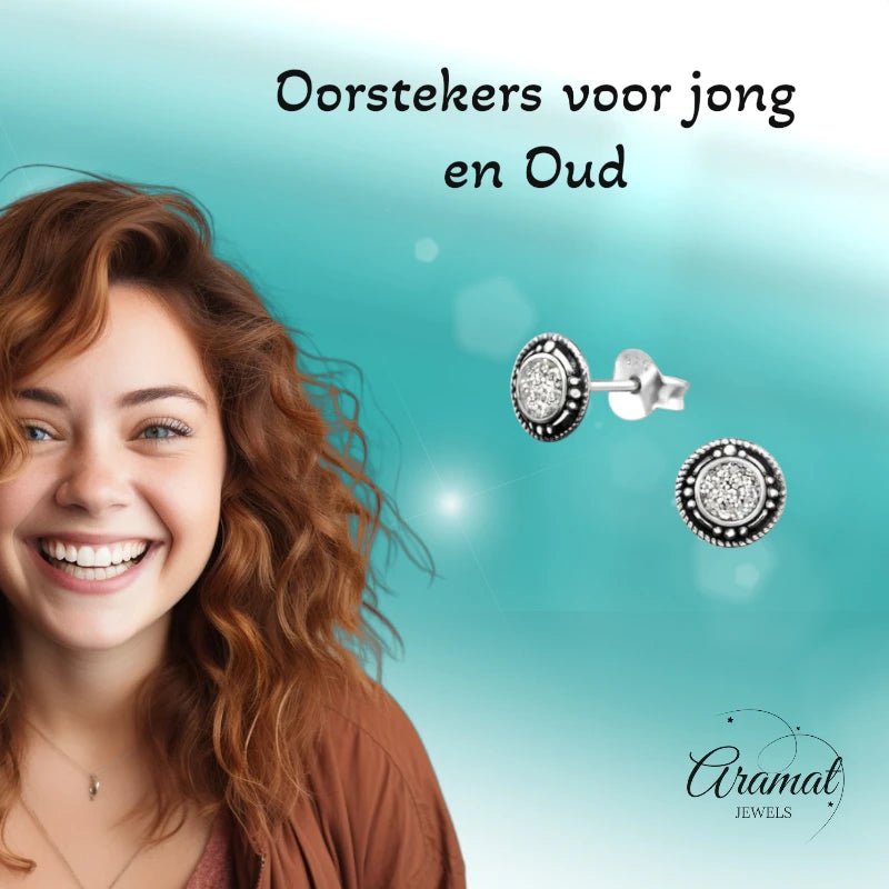 Oorstekers – Sterling Zilver Bali Etnisch Witte Glitter 7mm Rond Geoxideerd - Aramat Jewels - Oorbellen - cadeautip