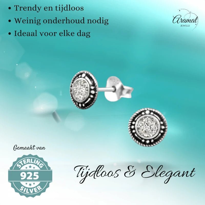 Oorstekers – Sterling Zilver Bali Etnisch Witte Glitter 7mm Rond Geoxideerd - Aramat Jewels - Oorbellen - cadeautip