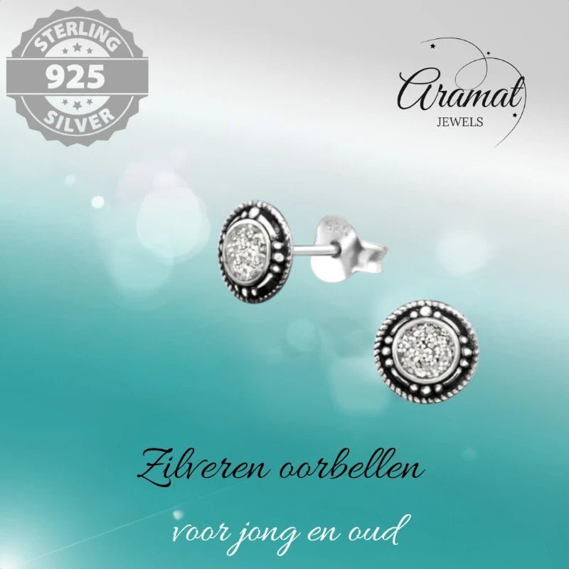 Oorstekers – Sterling Zilver Bali Etnisch Witte Glitter 7mm Rond Geoxideerd - Aramat Jewels - Oorbellen - cadeautip