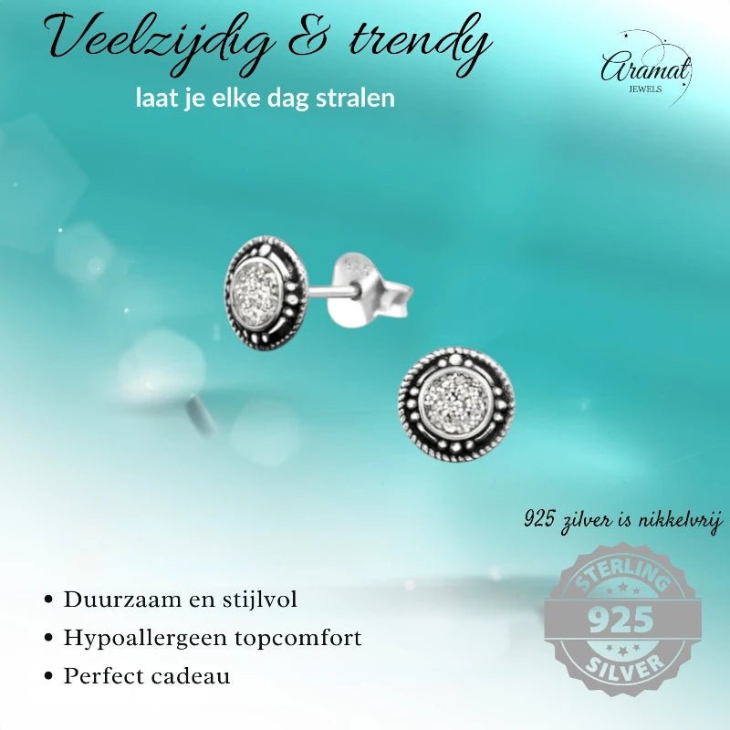Oorstekers – Sterling Zilver Bali Etnisch Witte Glitter 7mm Rond Geoxideerd - Aramat Jewels - Oorbellen - cadeautip