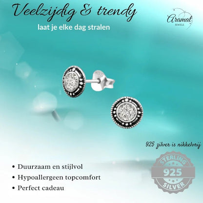 Oorstekers – Sterling Zilver Bali Etnisch Witte Glitter 7mm Rond Geoxideerd - Aramat Jewels - Oorbellen - cadeautip