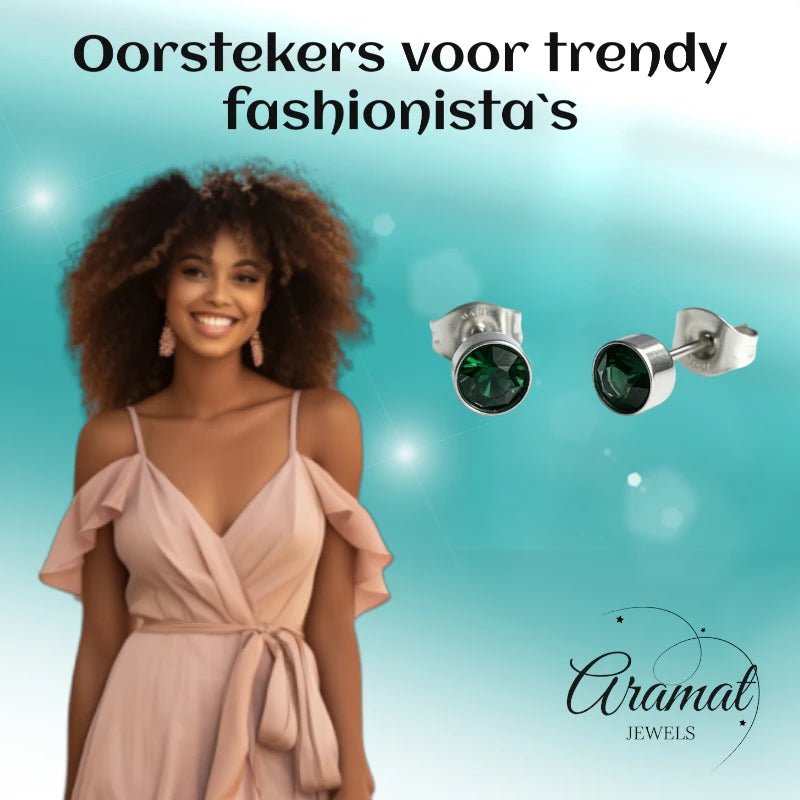 Oorstuds – Staal Kristal Groen Zilverkleur (5mm) - Aramat Jewels - Oorbellen - cadeautip