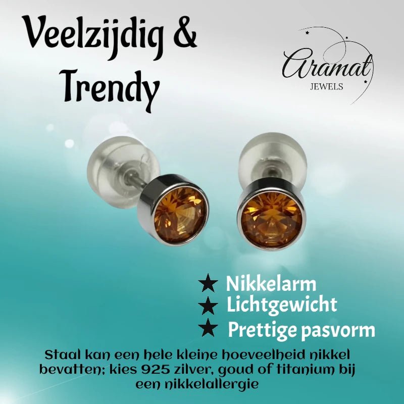 Oorstuds – Staal Kristal Topaas Bruin Zilverkleur (5mm) - Aramat Jewels - Oorbellen - cadeautip