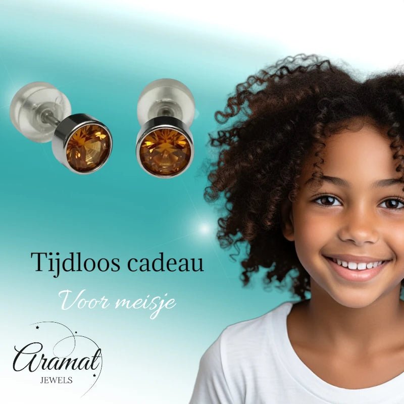 Oorstuds – Staal Kristal Topaas Bruin Zilverkleur (5mm) - Aramat Jewels - Oorbellen - cadeautip