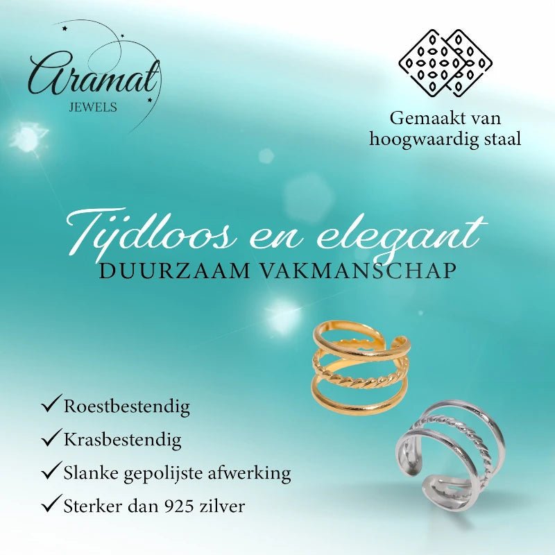 Open Ring Driedubbele Band: Glad en Gedraaid (15 mm Breed) - Aramat Jewels - Ringen - cadeautip