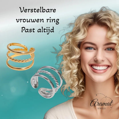 Open Ring Driedubbele Band: Glad en Gedraaid (15 mm Breed) - Aramat Jewels - Ringen - cadeautip
