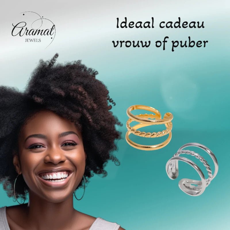 Open Ring Driedubbele Band: Glad en Gedraaid (15 mm Breed) - Aramat Jewels - Ringen - cadeautip