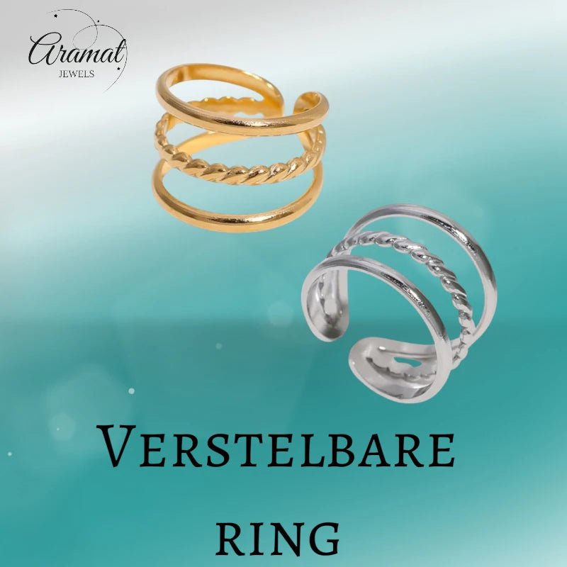 Open Ring Driedubbele Band: Glad en Gedraaid (15 mm Breed) - Aramat Jewels - Ringen - cadeautip