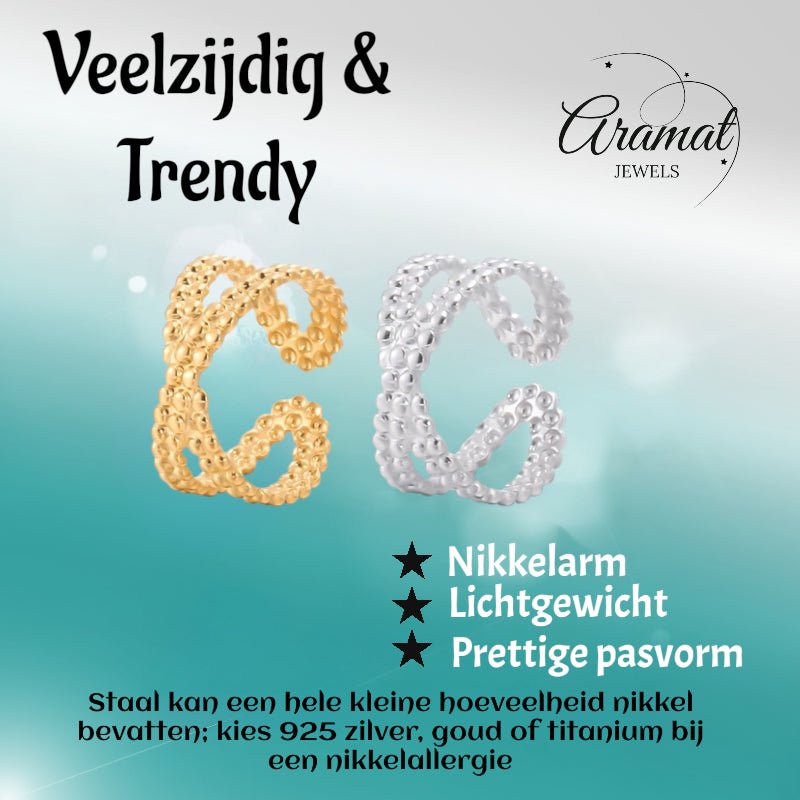 Open Ring Gekruiste Lijn met Bolletjes Reliëf (Verstelbaar RVS) - Aramat Jewels - Ringen - cadeautip