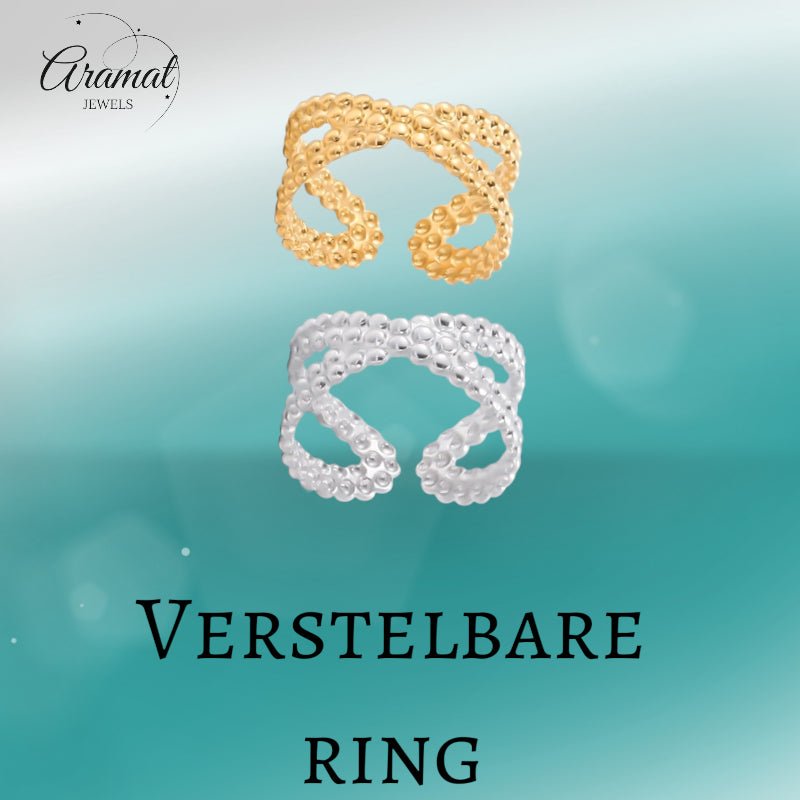 Open Ring Gekruiste Lijn met Bolletjes Reliëf (Verstelbaar RVS) - Aramat Jewels - Ringen - cadeautip
