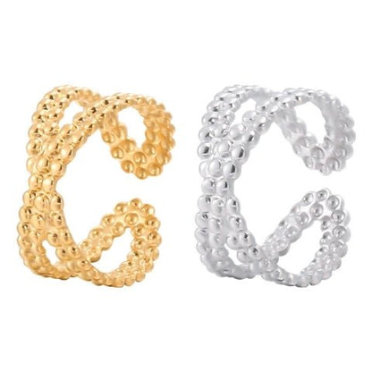 Open Ring Gekruiste Lijn met Bolletjes Reliëf (Verstelbaar RVS) - Aramat Jewels - Ringen - cadeautip
