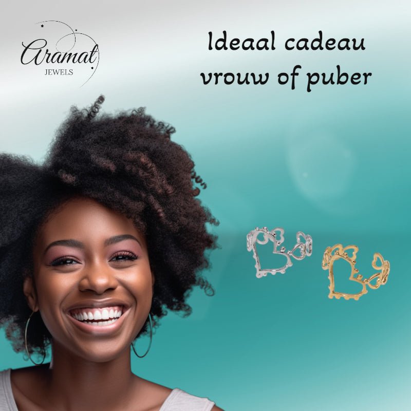 Open Ring Hartjes Schakel met Bolletjes Versiering (RVS Verstelbaar) - Aramat Jewels - Ringen - cadeautip
