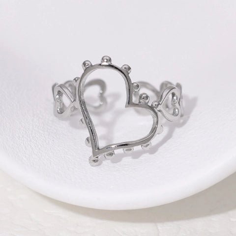 Open Ring Hartjes Schakel met Bolletjes Versiering (RVS Verstelbaar) - Aramat Jewels - Ringen - cadeautip
