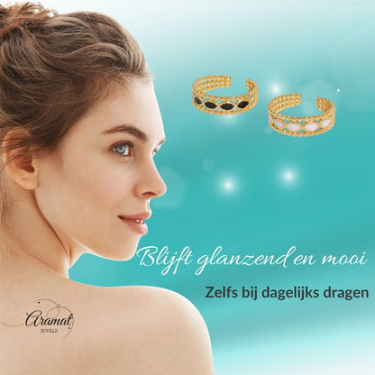 Open Ring RVS met Bolletjes Motief en Emaille Eclips (7 mm) - Aramat Jewels - Ringen - cadeautip