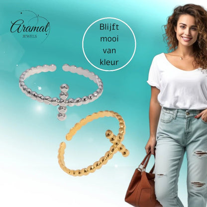 Open Ring RVS met Bolletjesmotief en Kruisje (10 mm) - Aramat Jewels - Ringen - cadeautip