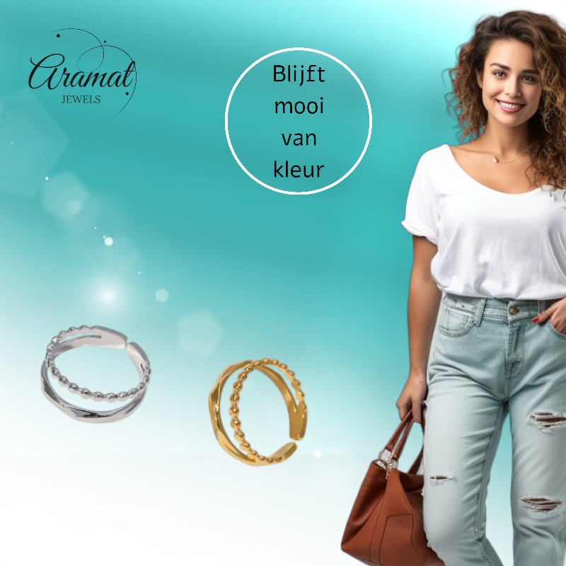 Open Ring RVS met Dot en Gehamerde Lijn (7 mm) - Aramat Jewels - Ringen - cadeautip