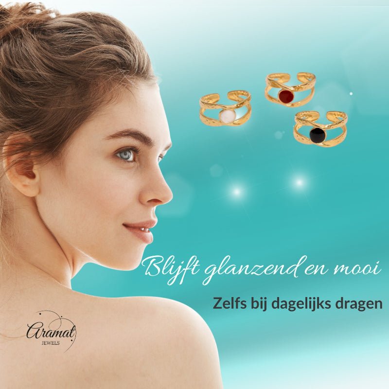 Open Ring RVS met Gehamerd Motief en Emaille Cirkel (9,5 mm) - Aramat Jewels - Ringen - cadeautip