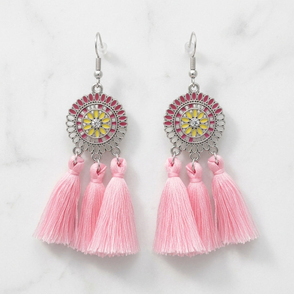 Summer Boho Earrings Tassels Pink 75mm