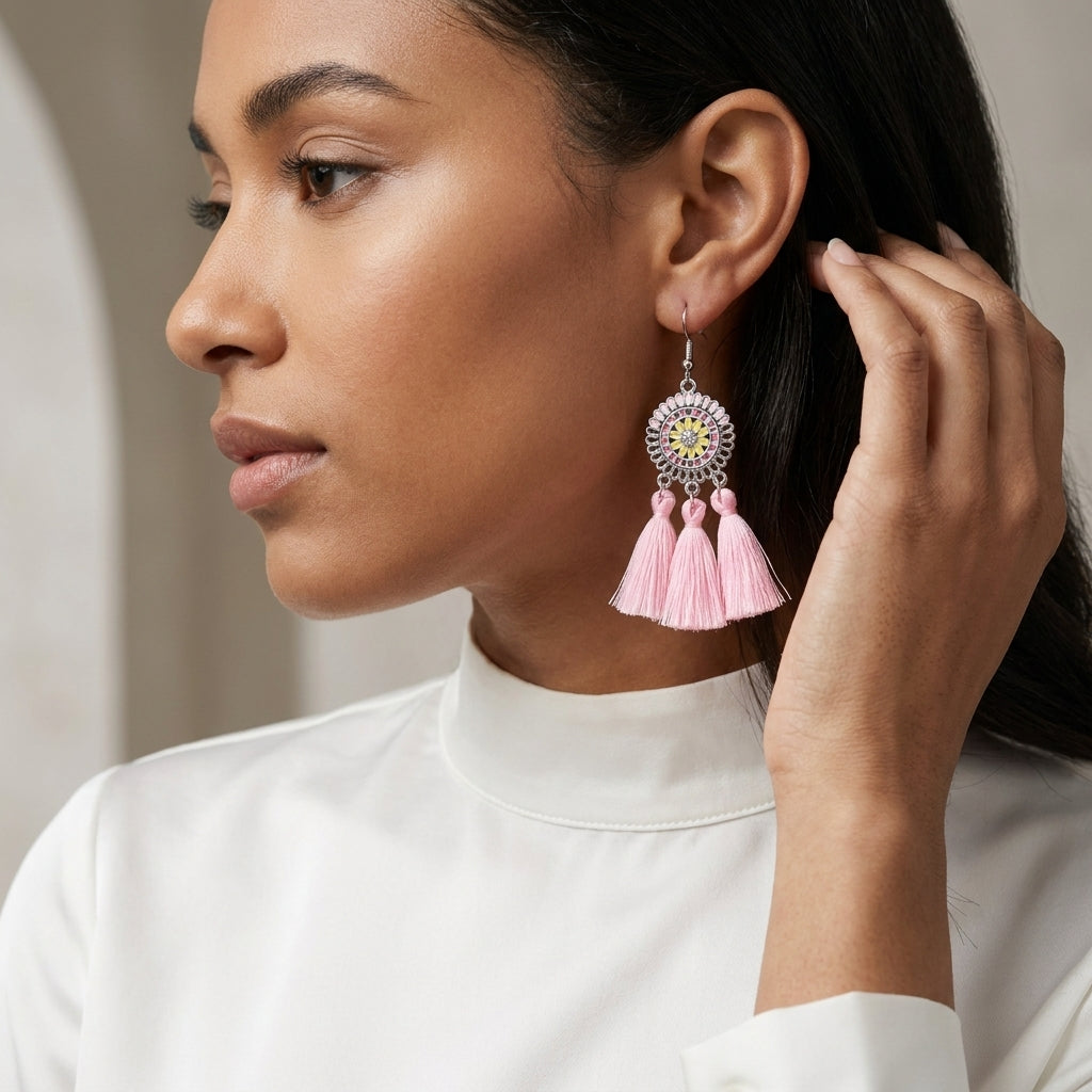 Summer Boho Earrings Tassels Pink 75mm
